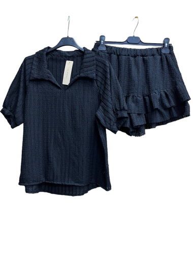 Wholesaler PROMISE - Top collar shirt and skirt effect shorts set in openwork fabric