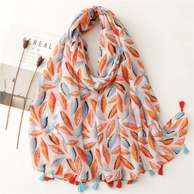 Wholesaler PROMISE - Feather print scarf with pompoms