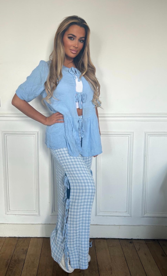 Wholesaler PROMISE - Gingham cotton gauze pants with knots to tie on the sides