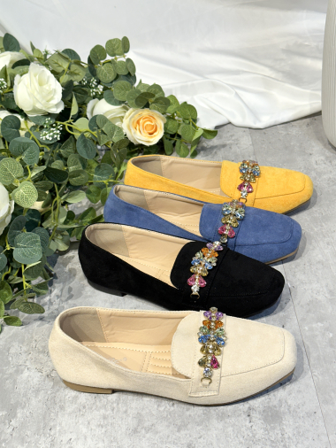 Wholesaler R and BE - Faux suede ballet flats with multi-colored rhinestone buckle.
