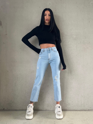 Wholesaler Redial - BLUE FIT STRETCH MOM JEANS WITH RIPS