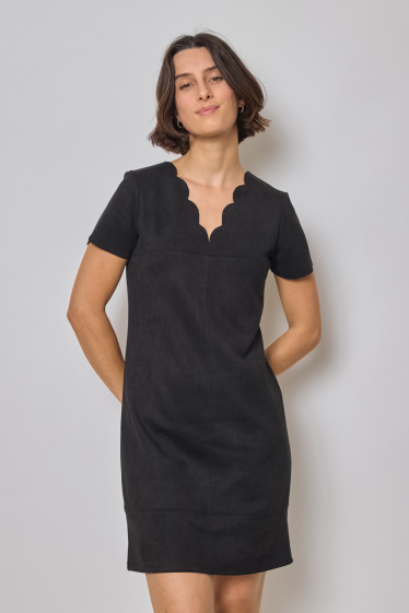 Wholesaler Revd'elle - Revd'elle - Plain V-neck trapeze-shaped suedette dress