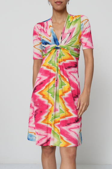 Wholesaler Revd'elle - Revd'elle - Short-sleeved dress with printed V-neck bow