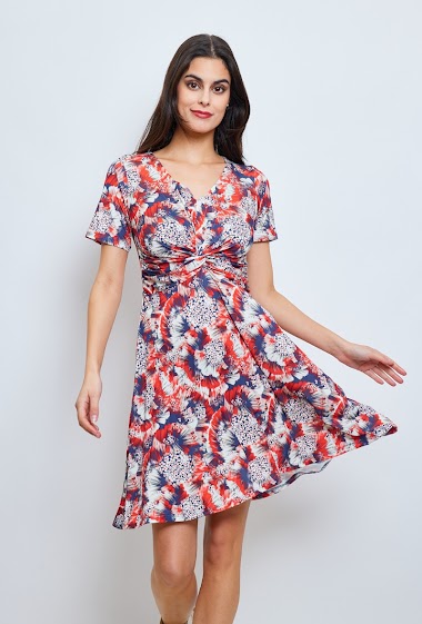 Wholesaler Revd'elle - Revd'elle - Short-sleeved dress with printed V-neck bow