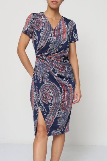 Wholesaler Revd'elle - Revd'elle - Mid-length dress with pleats on the side, short sleeves, V-neck