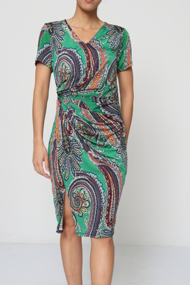 Wholesaler Revd'elle - Revd'elle - Mid-length dress with pleats on the side, short sleeves, V-neck