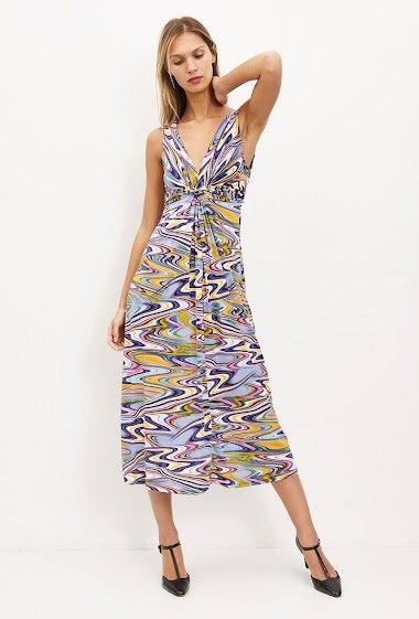 Wholesaler Revd'elle - Revdelle - Sleeveless Midi Dress with Printed V-Neck Bow