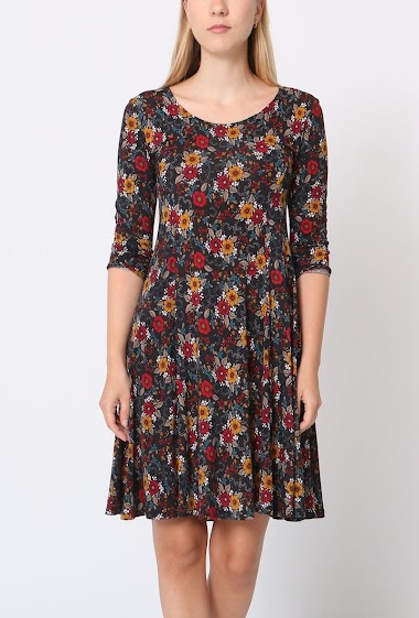 Großhändler Revd'elle - Flared dress with rounded collar at the knee in floral print