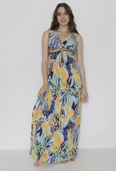 Wholesaler Revd'elle - Long floral print dress with bow, sleeveless V-neck