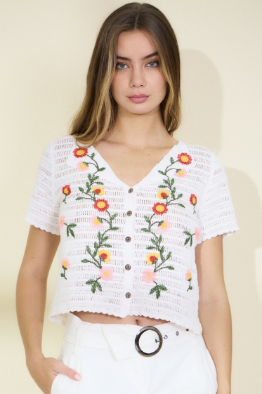 Mayorista Rosa Fashion Crochet - Blusa de ganchillo con bordado de flores