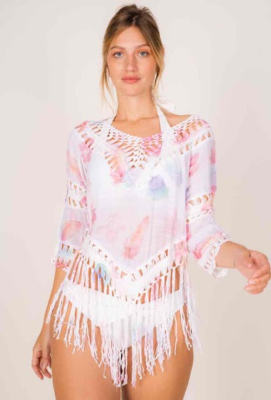 Großhändler Rosa Fashion Crochet - Bedruckte Bluse mit Häkelarbeit