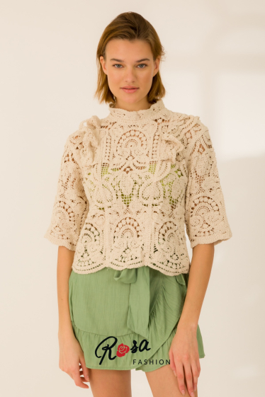 Grossiste Rosa Fashion Crochet - Haut manches courtes en manche crochet