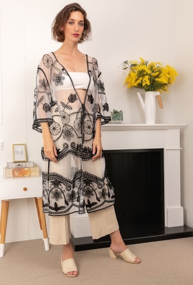 Mayorista Rosa Fashion Crochet - Kimono con flores bordadas