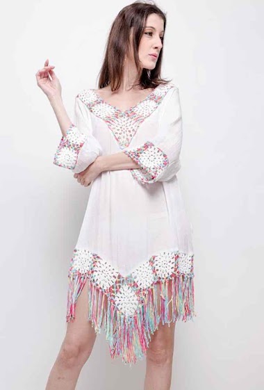 Grossiste Rosa Fashion Crochet - Cover Up avec bordure en crochet coloré et franges