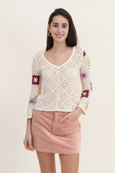 Großhändler Rosa Fashion Crochet - Langärmliges Oberteil aus Häkelstrick