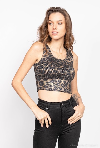 Großhändler Rosa Fashion - Glänzendes, kurzes Tanktop mit Leopardenmuster