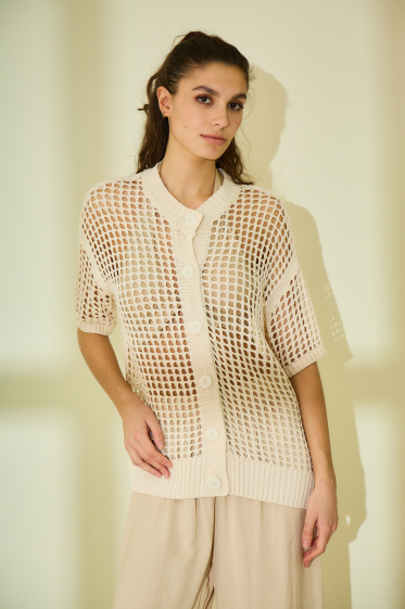 Großhändler Rosa Fashion Crochet - Perforiertes Häkeloberteil mit Knöpfen: Strukturierte Eleganz