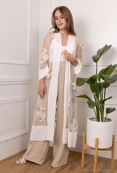 Großhändler Rosa Fashion - Kimono aus besticktem Blumentüll