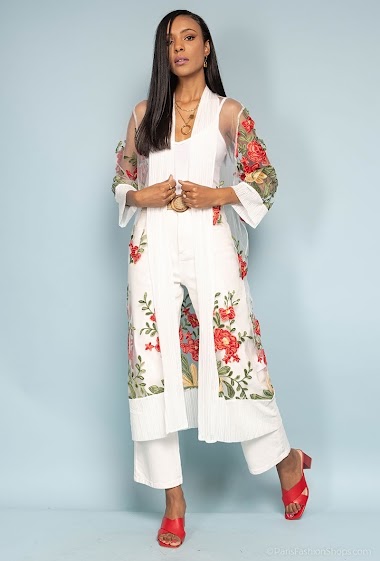 Großhändler Rosa Fashion - Lange Strickjacke mit floraler Spitze