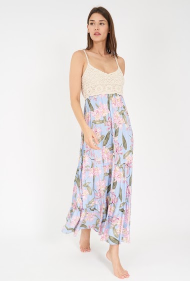 Wholesaler Rosa Fashion - Long dress with crocheted top and printed skirt