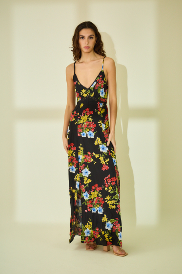 Großhändler Rosa Fashion - Langes Blumenkleid mit Schlitz und dünnen Trägern