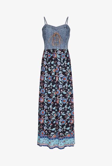 Wholesaler Rosa Fashion - Dress with thin straps with denim bust and printed skirt
