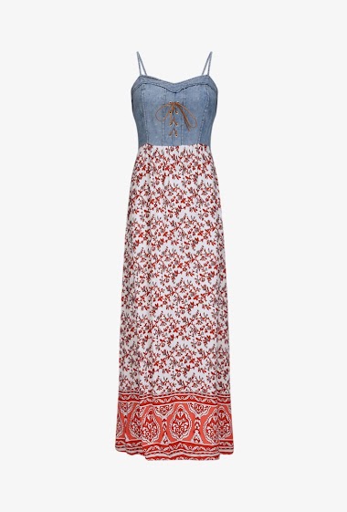 Wholesaler Rosa Fashion - Dress with thin straps with denim bust and printed skirt