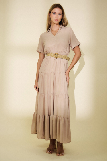 Großhändler Rosa Fashion - Langes, schlichtes Kleid mit tunesischem Kragen