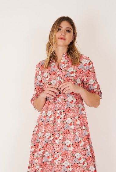 Großhändler Rosa Fashion - Langes bedrucktes Hemdkleid