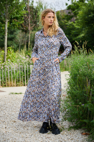 Grossiste Rosa Fashion - Robe chemise longue imprimée à fleurs