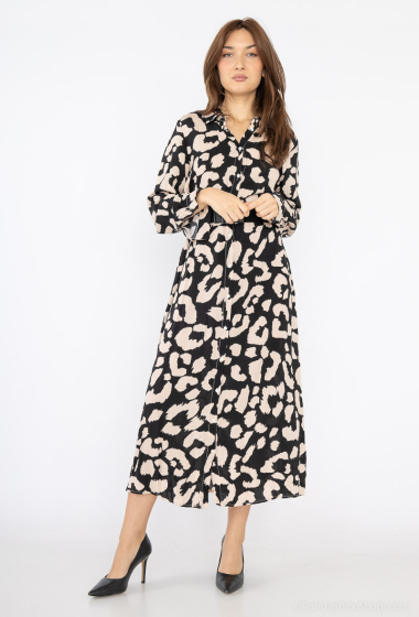 Großhändler Rosa Fashion - Langes bedrucktes Hemdblusenkleid mit Gürtel