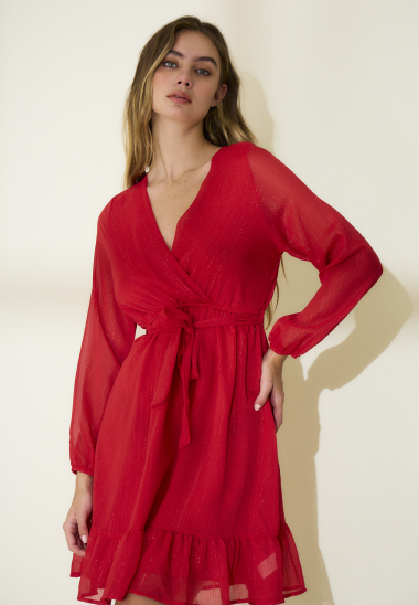 Großhändler Rosa Fashion - Schickes kurzes Kleid mit V-Ausschnitt, gerafftes Kleid mit Gürtel