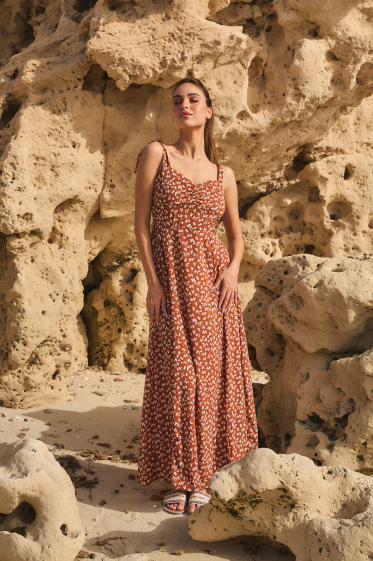 Großhändler Rosa Fashion - Bedrucktes Kleid mit gebundenen Trägern