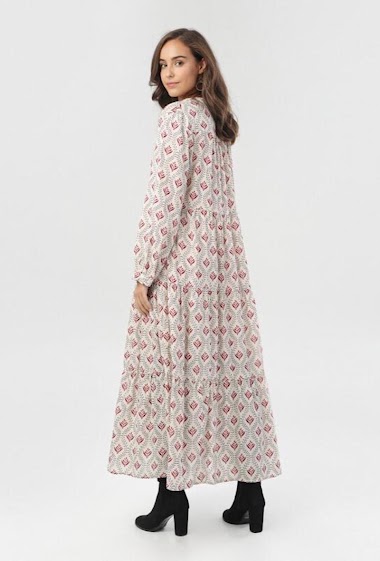 Großhändler Rosa Fashion - Langes bedrucktes Baumwollkleid