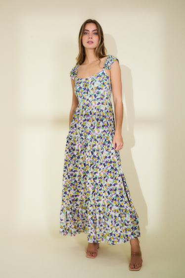 Großhändler Rosa Fashion - Langes Kleid mit Blumendruck