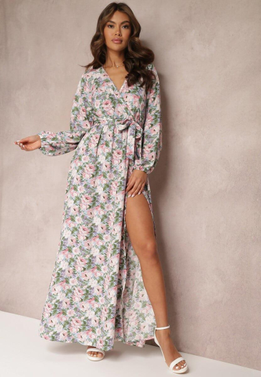 Großhändler Rosa Fashion - Langes Wickelkleid mit Blumendruck