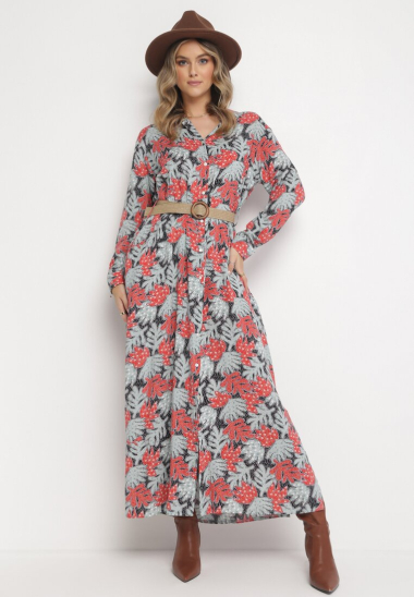 Grossiste Rosa Fashion - Robe longue chemise imprimée à feuilles