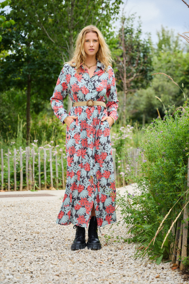 Wholesaler Rosa Fashion - Long printed shirtdress with leaves