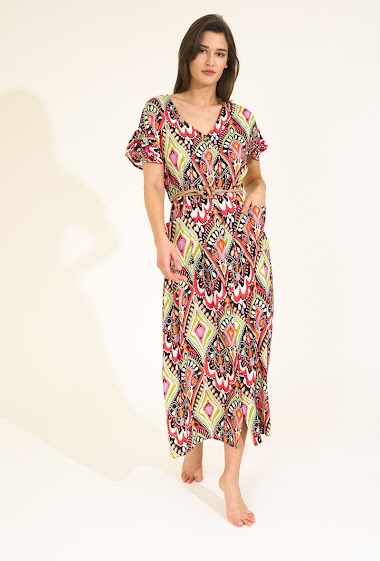 Großhändler Rosa Fashion - Langes, gerades, kurzärmliges Kleid mit Aztekenmuster