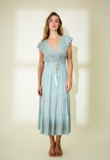 Großhändler Rosa Fashion - Langes Kleid mit doppeltem Print