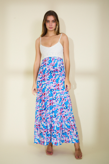 Wholesaler Rosa Fashion - Printed long dress with crochet bodice.