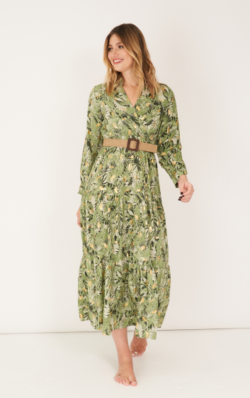 Großhändler Rosa Fashion - Maxikleid mit tropischem Blätterprint