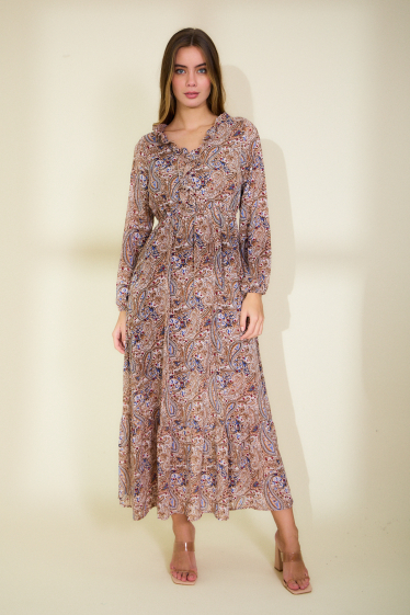 Großhändler Rosa Fashion - Langes bedrucktes Kleid mit Rüschen