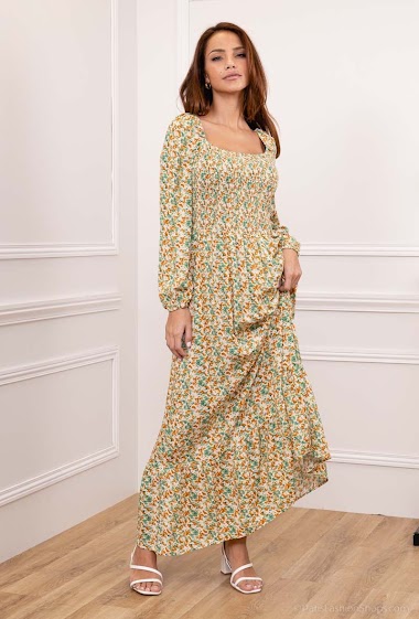 Großhändler Rosa Fashion - Langes bedrucktes Kleid mit gesmokter Brust
