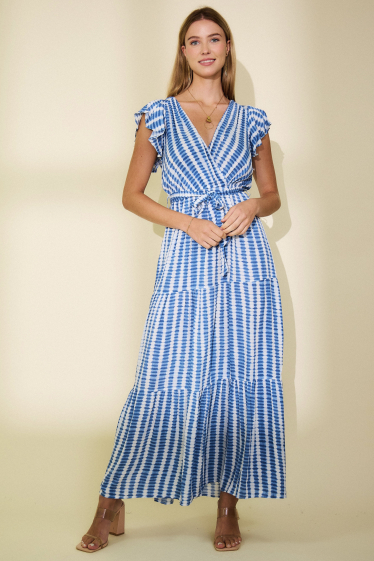 Großhändler Rosa Fashion - Langes bedrucktes Kleid mit Gürtel