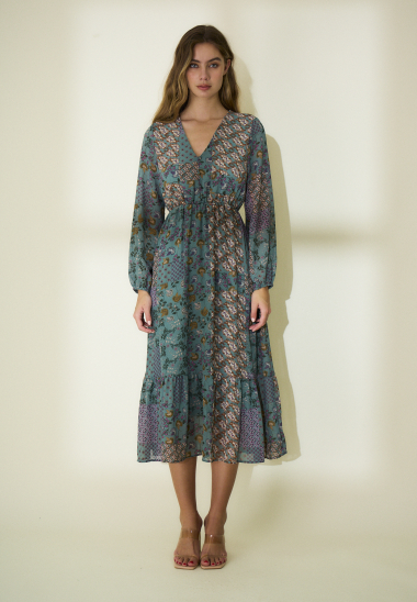 Großhändler Rosa Fashion - Langes Kleid mit böhmischem Aufdruck