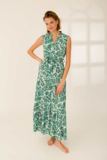 Großhändler Rosa Fashion - Langes bedrucktes ärmelloses Kleid