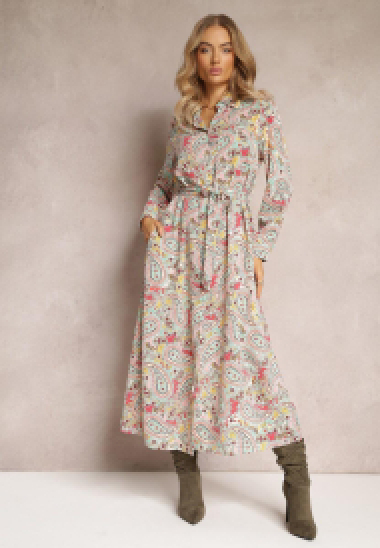 Großhändler Rosa Fashion - Bedrucktes mittellanges Kleid