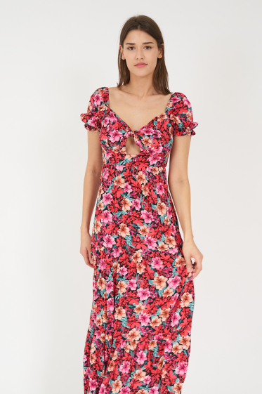 Großhändler Rosa Fashion - Kleid mit geknotetem Blumenprint