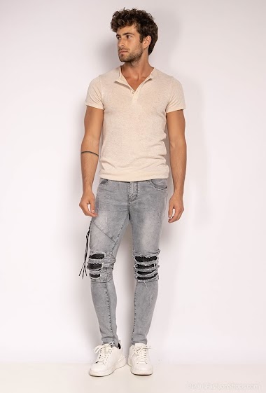 Großhändler ROSS CARRA - Graue Stretch-Biker-Jeans mit schmaler Passform
